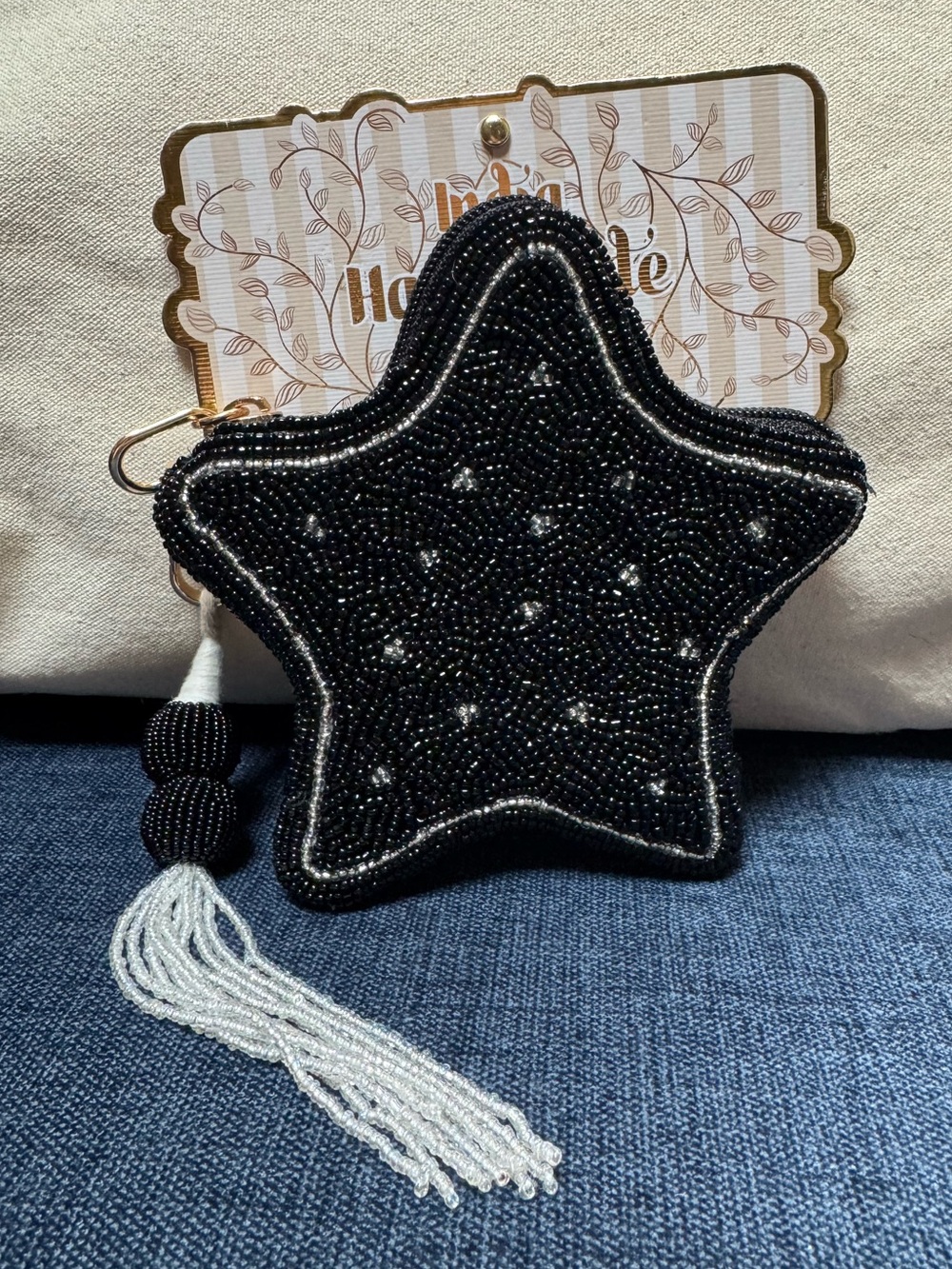 Wandering Moon India Handmade Hand-Beaded Star Pouch with Beaded Tassel